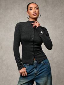 SHEIN BAE 女式纯色前扣长袖衬衫，休闲日常穿着