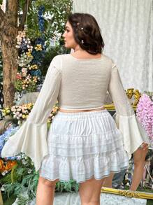 Lyrianda Chemise à manches évasées, jacquard romantique de cour, avec dentelle contrastée, grande taille