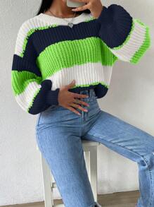 Chiquease pull décontracté simple à manches longues et col rond rayé pour femme