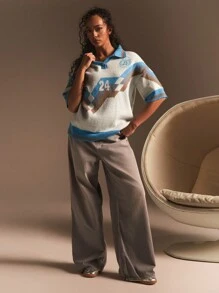 Athîral Women Front Button Short Sleeve Graphic Detail Casual Knit Top - Burgundy - View 3