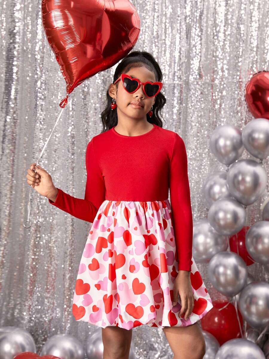 SHEIN Leap Crew Tween Girls' Heart Pattern Lantern Hem Long Sleeve Valentine's Day Dress - Red - View 1