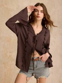 Poéselle Áo dài tay màu nâu, viền bèo nhún, buộc dây phía trước, áo nữ, áo dài, phong cách Boho, áo dài, áo đi chơi, áo cánh thường ngày dài tay buộc bèo nhún màu trơn phía trước cho nữ, thoải mái và giản dị, thích hợp mặc hàng ngày, dạo phố, đi làm, ngày lễ, ở nhà và các dịp khác - Cà phê nâu - Xem 2