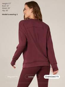 GLOWMODE Modal Silky Smooth Oversized V-Neck Hip Length Long Sleeve Sweatshirt With Thumbholes Daily Casual  Spring Summer - Burgundy - View 2