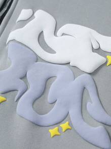 Manfinity EMRG Men's Front Zip Long Sleeve Pocket Printed Casual Hoodie Grey Hood Gray Zip Up Hood Men Graphics Zip Up, For Fall - Grey - View 4