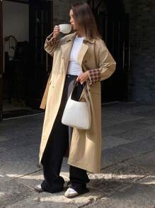 DAZY Plaid Patchwork Double-Breasted Loose Mid-Length Trench Coat,Fall Clothes - Khaki - View 3