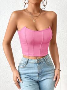 Firerie Pink Corset Solid PU Leather Crop Tube Top