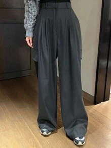 DAZY Pantalones largos sueltos con pliegues y bolsas para mujer - Gris - Ver 6