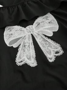 SHEIN MOD Große Größen Schwarz Kurzarm T-Shirt mit Schulterausschnitt und Schmetterlings-Muster, Schleife, Off-Shoulder Urlaubsoutfit, Sexy Off-Shoulder Design, Spitze