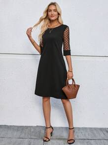 EMERY ROSE Women's Round Neck Lace Patchwork Simple Casual Short Dress - Black - View 6