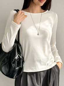 Dazy-Less Áo thun nữ cổ tròn tay dài màu trơn, mặc hàng ngày, trang phục mùa thu - trắng - Xem 3