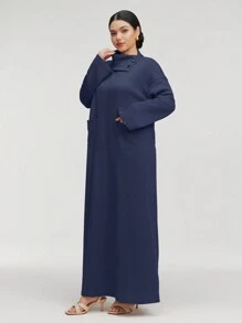 Al Najma 女士纯色高领长袖口袋宽松长款休闲阿拉伯连衣裙，休闲风格，适合日常休闲/旅游/度假/休假/家居服，超长阿拉伯连衣裙 - 寶藍色 - 查看 6