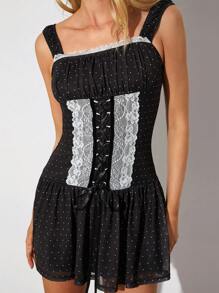 SHEIN EZwear Vestido mini casual de Body ceñido con patchwork de encaje y tirantes anchos para mujer - Negro - Ver 6