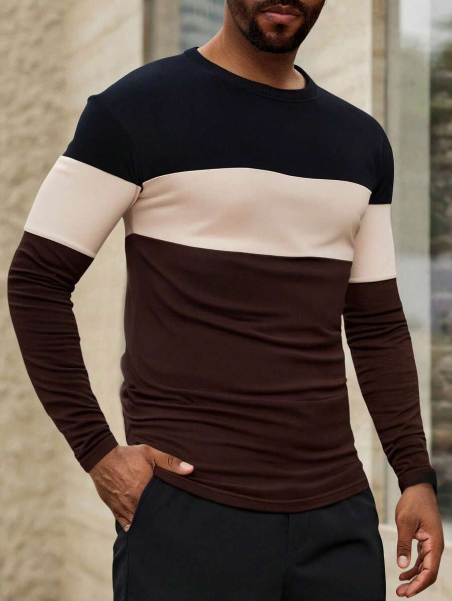 Manfinity Homme 大码男士休闲拼色拼接长袖 T 恤，秋季 - 彩色 - 查看 1