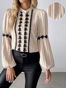 EMERY ROSE 优雅简约H型灯笼袖立领蕾丝拼接纹理波浪条纹长袖常规上衣，秋冬 - 杏色 - 查看 1