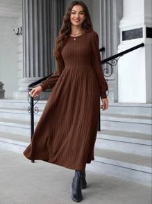 EMERY ROSE Vestido de invierno ceñido al Body con cuello redondo rojo, mangas farol y acanalado