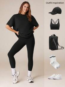 GLOWMODE 2 件 Pima 棉臀长 T 恤和 24 英寸 FeatherFit™ 紧身裤套装，带侧袋，低冲击瑜伽日常