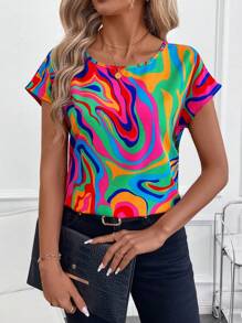 SHEIN Clasi Women's Dropped Shoulder Geometric Loose Shirt, Valentine's Day - Multicolor - View 1