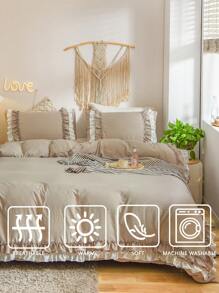 波西米亚农舍风格床上用品套装，纯驼色双人荷叶边被套，可选单人/双人/特大号尺寸，三件套，超柔软透气超细纤维被套，1 个拉链封口被套，2 个枕套，不含被芯，男女通用，四季皆宜，非常适合宿舍使用 - 駝色 - 查看 9