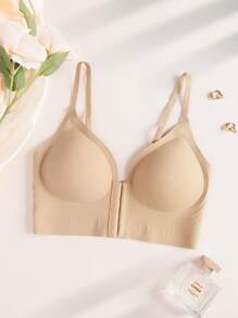 女士无缝无钢圈文胸果冻柔软支撑前扣柔软舒适文胸带模杯，1 件 - 卡其色 - 查看 8