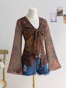 Soleia Áo cánh thời trang bó sát tay loe đan lưới in họa tiết cổ chữ V cho nữ, thích hợp cho kỳ nghỉ, tiệc tùng, lễ hội âm nhạc, lễ Phục sinh, lễ hội hóa trang, trà chiều, xuân/hè - Nhiều màu - Xem 5