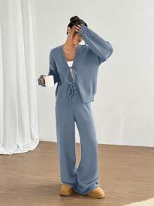 SHEIN Unity 2pcs Casual Lace-Up Cardigan Sweater & Sweatpants Set - Blue - View 4