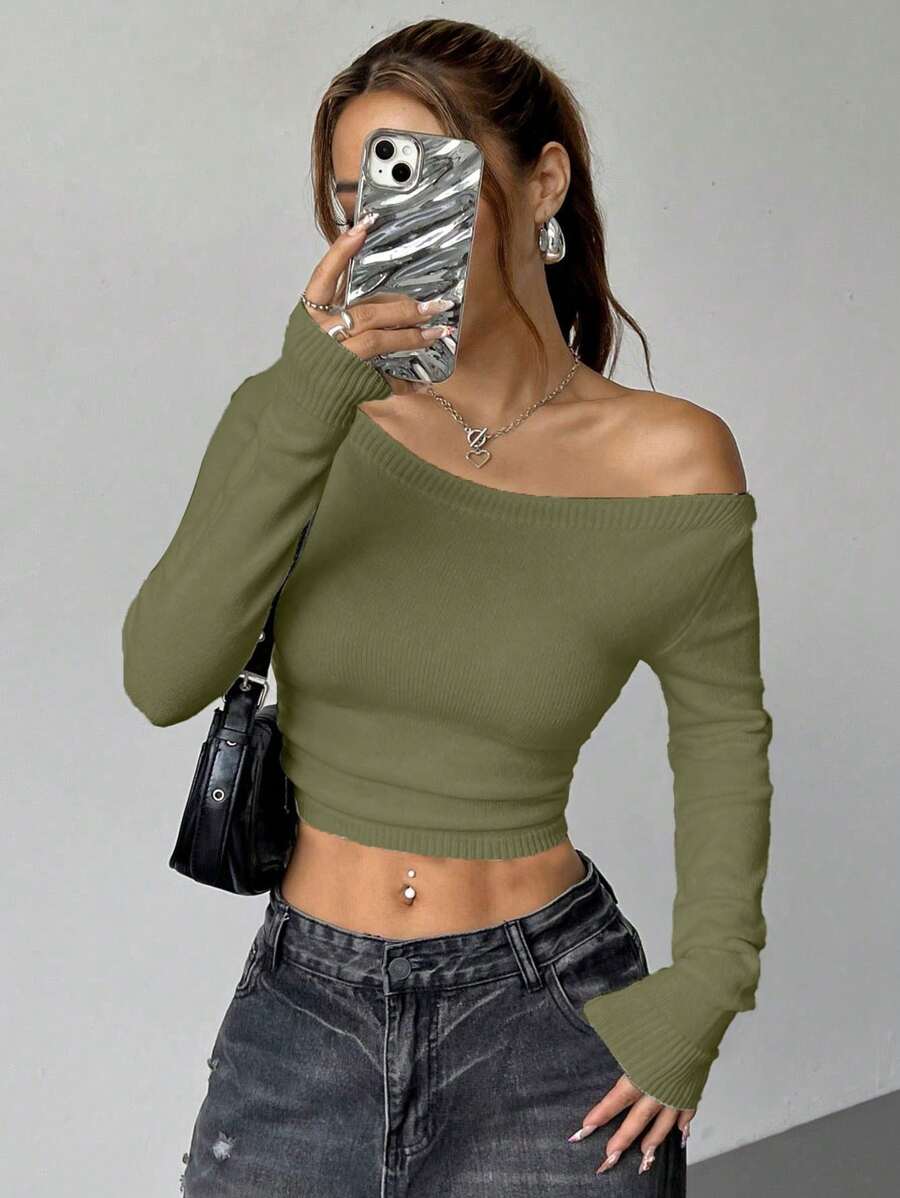 Flirla Pull court ajusté à col asymétrique, couleur unie, style minimaliste et polyvalent. Tricot pour l'automne et l'hiver - Vert - Voir 1