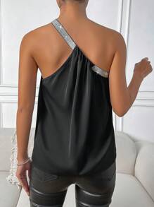 Almamuse Top de un hombro con lentejuelas en contraste - Negro - Ver 2