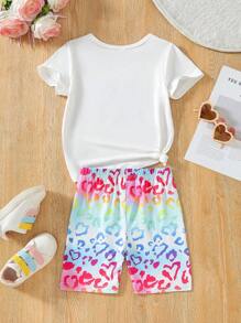 SHEIN Bộ 2 món/Bộ áo thun tay ngắn in hình trái tim kỹ thuật số cho bé gái và quần short in hình trái tim cạp chun, Xuân/Hè - trắng - Xem 2