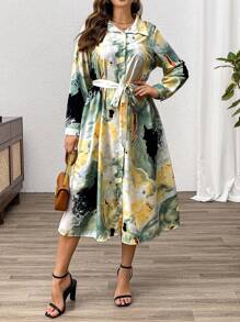 SHEIN Clasi Plus Size Front Button Long Sleeve Printed Tie Front Casual Dress - Multicolor - View 3
