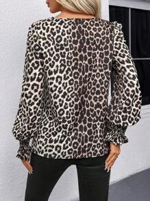 SHEIN LUNE Seasonal Spring New Arrivals Ruffle Sleeve Round Neck Leopard Top, Brown Leopard Top - Black - View 2