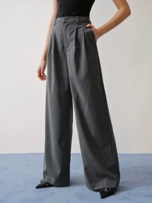 MOTF STUDIO FOLD PLEATED WIDE LEG TAILORED SUIT PANTS,SPRING/SUMMER - Grey - View 3