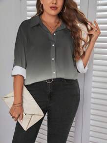 SHEIN Essnce Camisa de manga larga para mujer talla grande, camisa estampada con degradado, ropa de mujer para otoño, blusas con mangas para uso profesional, blusas de mujer de manga larga para otoño - Gris - Ver 4