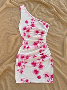 Soleia Women's Spring/Summer Holiday Pink Romantic Tie Dye Floral Pattern One Shoulder Ruched Waist Slim Fit Mini Dress, For Date, Valentine's Day, Afternoon Tea, Party, Carnival, Easter, Beach Cruise - Multicolor - View 2