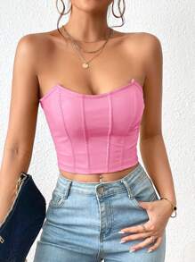 Firerie Pink Corset Solid PU Leather Crop Tube Top