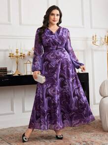 Modelyn 大码优雅大理石印花长裙 - 紫色 - 查看 3