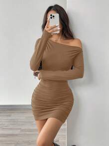 Muchica Women Asymmetric Shoulder Ruched Mini Dress - Khaki - View 1