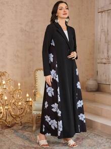 Al Najma Damska bardzo długa, skromna arabska abaja z kwiatowym nadrukiem