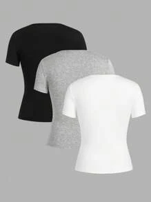 SHEIN EZwear Women Solid Color Short Sleeve T-Shirt, Simple & Fashionable Casual Daily Wear - Multicolor - View 2