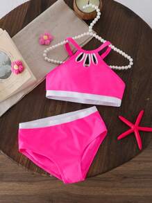 Spring/Summer Bikini Set, Minimalist Fashion Style, Fuchsia & White, Floral Petal Cutout Neckline, Tween Girls Fuchsia-White Contrast Floral Cutout Neck Two-Piece Bikini Set, Stylish Casual Elegant Suitable For Swimming, Vacation, Summer