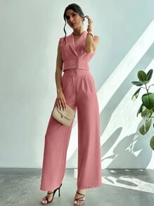 Firerie 2 件套女士优雅缺口领修身衬衫 + 直筒裤套装，工作服 - 藕粉色 - 查看 5