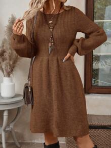 EMERY ROSE Women Solid Color Round Neck Long Sleeve Simple Casual Short Knit Sweater Dress - Brown - View 6