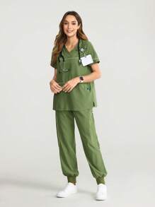 TaskEZ Short Sleeve New Design Patchwork Nursing Scrub Uniform Set - Green - View 6
