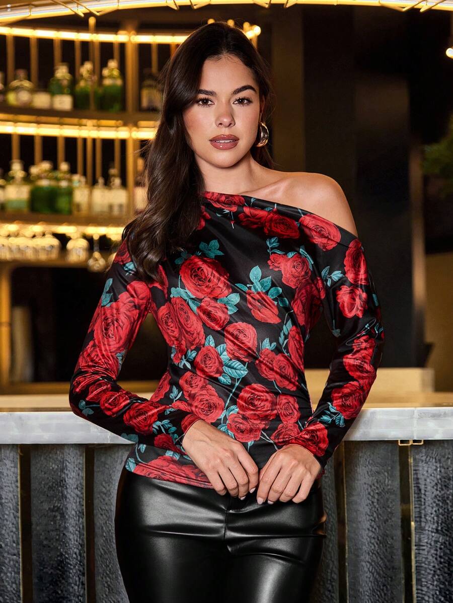 SHEIN Clasi Floral All-Over Print Asymmetrical Neck Long Sleeve Casual Top - Multicolor - View 1