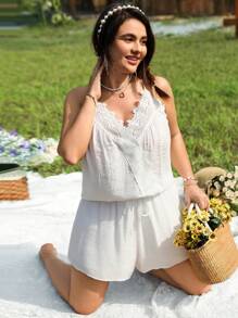 SHEIN LUNE Bộ 2 quần yếm ren dệt vá cỡ lớn cho ngày lễ tình nhân dành cho nữ mùa xuân/hè thường ngày, váy làm mát, trang phục giải tỏa căng thẳng, váy dài thanh lịch, trang phục mặc ở nhà thời trang - trắng - Xem 3