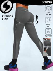 Innovista 女士字母印花口袋紧身裤，休闲日常健身运动裤 - 灰色 - 查看 3