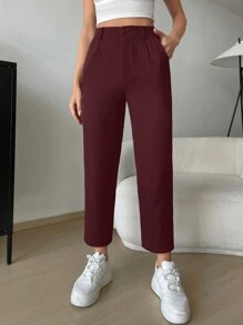 SHEIN EZwear 春季黑色斜口袋七分西装裤 - 酒紅色 - 查看 1