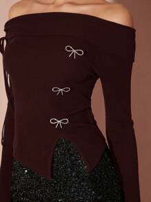 Enchnt 女士露肩长袖休闲上衣，带蝴蝶结装饰