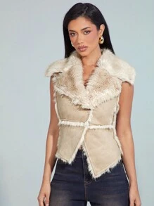 Denimoi Áo khoác giữ nhiệt viền bất đối xứng bằng lông giả - Màu Khaki - Xem 5