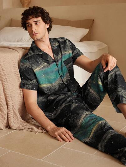 Manfinity ChillVibe 男士睡衣套装，包含短袖上衣和长裤，休闲简约家居服，适合日常穿着