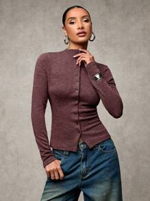 SHEIN BAE 女士秋冬休闲纯色前扣衬衫保暖长袖上衣、家庭圣诞衬衫、女士毛衣 - 酒紅色 - 查看 1